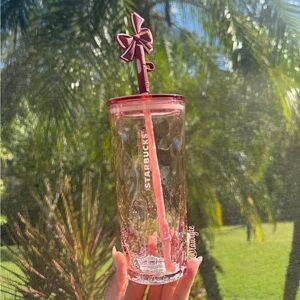 Starbucks 🎀 Blush Pink Snow Ribbed Glass Bow Topper Tumbler